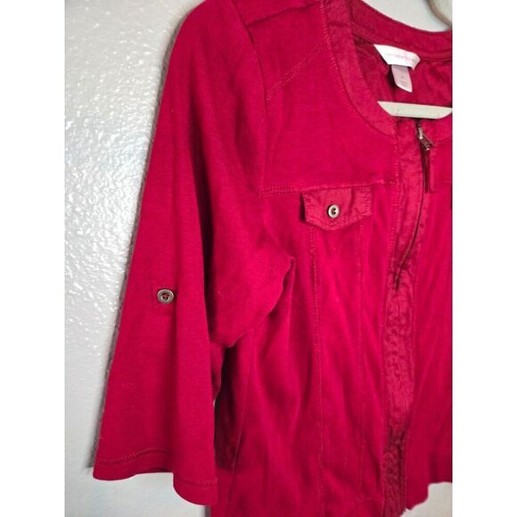 Christopher & Banks Women's Red 3/4 Sleeve 100% Cotton Zip Jacket Size Medium - Picture 5 of 5